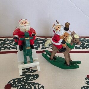 Set of 2 Santa Claus Ornament on Rocking Horse Christmas Decor Cute‎ Faces